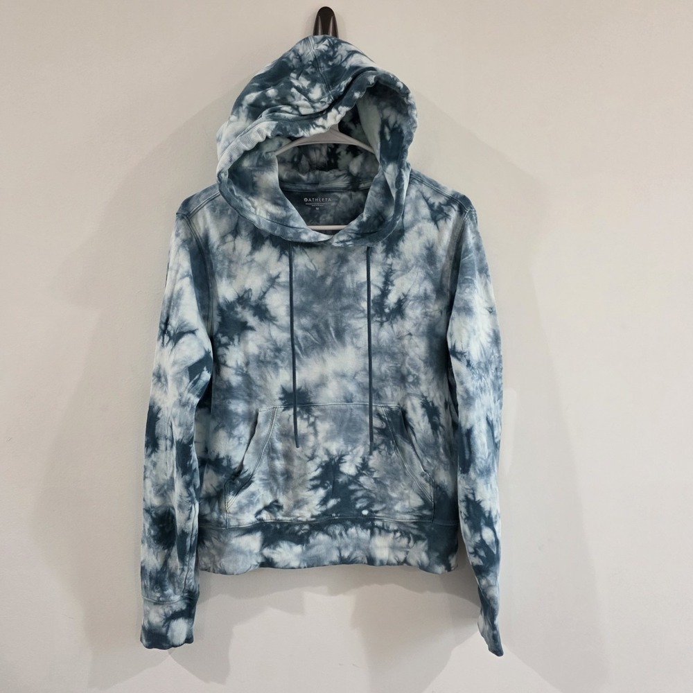 Athleta Womens Sundown Dark Surf‎ Teal Tie Dye Hoodie Sweater Size Medium Blue